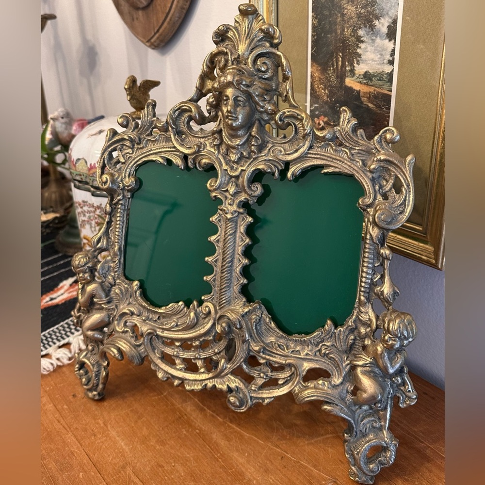 Antique Ornate Solid Brass Rococo Style Dual-Photo Frame with Face and Cherubs
